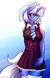 Size: 3300x5100 | Tagged: safe, alternate version, artist:gingersnap913, deleted from derpibooru, imported from derpibooru, oc, oc only, oc:yang rune, anthro, arm behind head, clothes, dress, glasses, necktie, school uniform, stockings, thigh highs, ych result