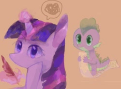 Size: 995x735 | Tagged: safe, artist:laurasrxfgcc, artist:twico, imported from derpibooru, spike, twilight sparkle, dragon, female, glowing horn, hoof on cheek, levitation, list, magic, male, mare, quill, raised eyebrow, simple background, telekinesis