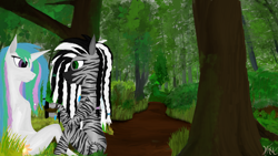 Size: 3840x2160 | Tagged: safe, artist:wax-42, imported from derpibooru, princess celestia, oc, alicorn, anthro, zebra, anthro oc, arm hooves, canon x oc, female, forest, male, shipping, straight, tree, zebra oc