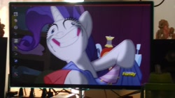 Size: 4160x2340 | Tagged: safe, imported from derpibooru, fame and misfortune, derp, disturbing, grin, insanity, photo, picture of a screen, rarisnap, smiling, stress sewing, wallpaper, why i'm creating a gown darling, work station