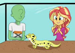 Size: 1457x1026 | Tagged: safe, artist:zharkaer, imported from derpibooru, ray, sunset shimmer, oc, oc:anon, human, insect, lizard, eqg summertime shorts, equestria girls, pet project, bad anatomy, cage, clothes, cricket (insect), cute, eating, eyes closed, gradient background, lip bite, pajamas, requested art, shimmerbetes, smiling, squee, tank (container)