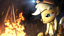 Size: 3840x2160 | Tagged: safe, artist:jollyoldcinema, imported from derpibooru, applejack, pony, 3d, alone, campfire, camping, desert, female, night, solo, source filmmaker