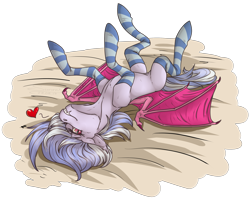 Size: 3366x2688 | Tagged: safe, artist:sunny way, imported from derpibooru, oc, oc only, oc:moon aura, bat pony, pony, bed, clothes, commission, fangs, female, hooves, lovely, nudity, on back, on bed, rcf community, simple shading, smiley face, smiling, socks, solo, striped socks, teeth, wings, ych result