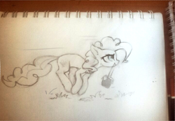 Size: 1186x821 | Tagged: safe, artist:inowiseei, imported from derpibooru, pinkie pie, pony, basket, female, monochrome, mouth hold, pronking, sketch, solo, traditional art