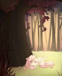 Size: 1024x1247 | Tagged: safe, artist:chimeeri, imported from derpibooru, fluttershy, pegasus, pony, cute, eyes closed, female, folded wings, nature, outdoors, prone, shyabetes, sleeping, solo, tree, under the tree