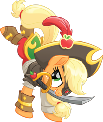 Size: 881x1042 | Tagged: safe, imported from derpibooru, applejack, earth pony, pony, my little pony: the movie, badass, clothes, eyepatch, female, freckles, hat, mare, mouth hold, official, pirate, pirate applejack, pirate hat, simple background, solo, sword, transparent background, vector, weapon