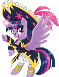 Size: 858x1107 | Tagged: safe, imported from derpibooru, twilight sparkle, alicorn, pony, my little pony: the movie, bipedal, captain twilight, clothes, female, hat, mare, pirate, pirate twilight, rearing, simple background, solo, transparent background, twilight sparkle (alicorn)