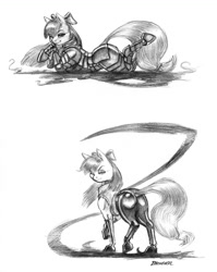 Size: 1100x1385 | Tagged: safe, artist:baron engel, imported from derpibooru, apple bloom, pony, armor, butt, clothes, female, grayscale, latex, latex boots, looking at you, monochrome, plot, signature, simple background, solo, traditional art, white background