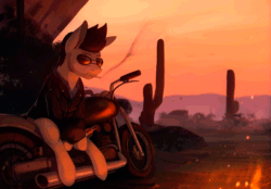 Size: 750x521 | Tagged: safe, artist:rodrigues404, imported from derpibooru, oc, oc only, oc:lancer, pony, alcohol, animated, cigarette, gif, glasses, male, motorcycle, scenery, smoking, sunglasses, whiskey