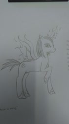 Size: 720x1280 | Tagged: safe, artist:sweetmare, imported from derpibooru, oc, oc only, oc:party crasher, alicorn, alicorn oc, alternate universe, antagonist, burning, cutie mark, drawing, ear piercing, earring, evil, fiery wings, jewelry, monochrome, paper, piercing, simple background, solo, traditional art, transformation