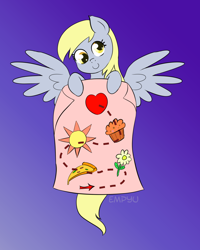 Size: 800x1000 | Tagged: safe, artist:empyu, imported from derpibooru, derpy hooves, pegasus, pony, female, flower, food, heart, looking at you, map, mare, muffin, pizza, simple background, smiling, solo, sun