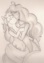 Size: 1004x1429 | Tagged: safe, artist:thegloriesbigj, imported from derpibooru, oc, oc only, earth pony, human, lamia, original species, pony, blushing, female, jewelry, kissing, lesbian, mare, monochrome, necklace, pearl necklace, simple background, traditional art, white background