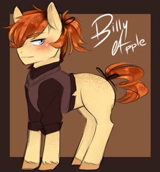 Size: 3807x4080 | Tagged: safe, artist:yumeyuuheii, imported from derpibooru, oc, oc only, oc:billy apple, earth pony, pony, blank flank, clothes, male, next generation, offspring, parent:applejack, smiling, solo, stallion