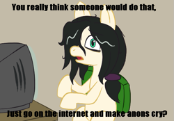Size: 575x400 | Tagged: safe, artist:scraggleman, imported from derpibooru, oc, oc only, oc:floor bored, earth pony, pony, /mlp/, 4chan, arthur, chair, dialogue, female, image macro, looking at you, mare, meme, monitor, open mouth, parody, ponified, sitting, solo