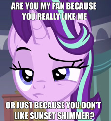 Size: 1023x1115 | Tagged: safe, edit, edited screencap, imported from derpibooru, screencap, starlight glimmer, pony, unicorn, a royal problem, bust, drama, female, image macro, lidded eyes, meme, portrait, raised eyebrow, solo, starlight drama, sunset vs starlight debate, suspicious