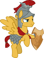 Size: 3001x3976 | Tagged: safe, artist:cloudy glow, artist:cloudyglow, imported from derpibooru, flash magnus, pegasus, pony, campfire tales, armor, cape, clothes, helmet, male, netitus, shield, simple background, solo, stallion, transparent background, vector