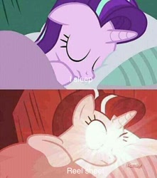Size: 480x542 | Tagged: safe, edit, imported from derpibooru, starlight glimmer, pony, unicorn, rock solid friendship, deep fried meme, discovery family logo, eyes closed, glowing eyes, glowing eyes meme, image macro, meme, sleeping, text