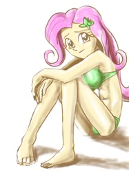 Size: 685x915 | Tagged: safe, artist:xjleiu, imported from derpibooru, fluttershy, equestria girls, abs, barefoot, bikini, breasts, busty fluttershy, clothes, feet, female, sitting, smiling, solo, swimsuit