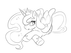 Size: 1805x1349 | Tagged: safe, artist:orangekissess, imported from derpibooru, princess luna, alicorn, pony, black and white, female, grayscale, jewelry, mare, monochrome, regalia, simple background, smiling, solo, white background