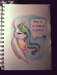 Size: 3120x4160 | Tagged: safe, artist:brownie97, imported from derpibooru, princess celestia, alicorn, pony, female, looking at you, mare, marker drawing, raspberry, solo, there is no wrong way to fantasize, tongue out, traditional art