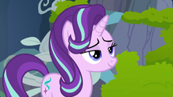 Size: 1920x1080 | Tagged: safe, imported from derpibooru, screencap, starlight glimmer, pony, unicorn, season 7, to change a changeling, bedroom eyes, changeling hive, female, happy, lidded eyes, mare, moss, smiling, smug, solo, vine