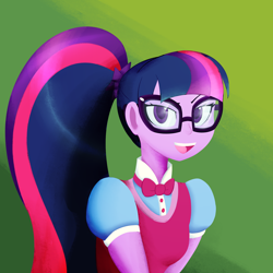 Size: 2000x2000 | Tagged: safe, artist:7los7, imported from derpibooru, sci-twi, twilight sparkle, equestria girls, clothes, female, glasses, open mouth, smiling, solo