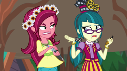 Size: 1280x718 | Tagged: safe, artist:3d4d, artist:seahawk270, edit, edited screencap, imported from derpibooru, screencap, gloriosa daisy, juniper montage, equestria girls, legend of everfree, mirror magic, spoiler:eqg specials, blah blah blah, clothes, magical geodes, microphone