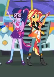 Size: 305x431 | Tagged: safe, imported from derpibooru, screencap, sci-twi, sunset shimmer, twilight sparkle, eqg summertime shorts, equestria girls, get the show on the road, boots, clothes, eyes closed, geode of empathy, geode of telekinesis, glasses, guitar, high heel boots, jacket, magical geodes, mary janes, microphone, pants, ponied up, ponytail, scitwilicorn, shoes, skirt, smiling, socks, wings