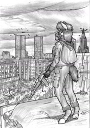 Size: 1150x1630 | Tagged: safe, artist:mach-volt, imported from derpibooru, oc, oc only, oc:urban wave, anthro, unguligrade anthro, anthro oc, grayscale, gun, mask, monochrome, post-apocalyptic, sketch, solo, traditional art, wasteland, weapon