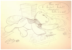 Size: 1073x759 | Tagged: safe, artist:sherwoodwhisper, imported from derpibooru, oc, oc only, oc:eri, pony, snail, unicorn, female, mare, monochrome, pencil, pencil sharpener, sleep talking, sleeping, solo, traditional art