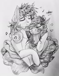 Size: 1607x2056 | Tagged: safe, artist:brainiac, imported from derpibooru, dj pon-3, octavia melody, vinyl scratch, earth pony, pony, unicorn, black and white, bowtie, chest fluff, cuddling, duo, female, floppy ears, flower petals, grayscale, headphones, lesbian, mare, monochrome, scratchtavia, shipping, traditional art