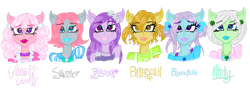 Size: 1024x363 | Tagged: safe, artist:crystal-sushi, imported from derpibooru, blossom, blue belle, butterscotch (g1), cotton candy (g1), minty (g1), snuzzle, anthro, crossover, g1, monster high, original six, simple background, transparent background