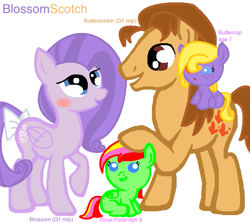Size: 729x650 | Tagged: safe, artist:pokemon-mlp46, imported from derpibooru, blossom, butterscotch (g1), oc, oc:buttercup, oc:rose petal, pegasus, pony, baby, baby pony, blossomscotch, bow, female, g1, g1 to g4, g4, generation leap, half r63 shipping, male, offspring, parent:blossom, parent:butterscotch (g1), race swap, rule 63, shipping, straight, tail bow