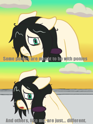 Size: 432x576 | Tagged: safe, artist:scraggleman, imported from derpibooru, oc, oc only, oc:floor bored, earth pony, pony, /mlp/, 4chan, cloud, dialogue, female, hey arnold, mare, open mouth, parody, pigeon man, ponytail, sad, scene parody, solo