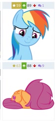 Size: 363x798 | Tagged: safe, imported from derpibooru, rainbow dash, scootaloo, pegasus, pony, derpibooru, campfire tales, cute, cutealoo, dashabetes, female, filly, juxtaposition, juxtaposition win, looking down, mare, meme, meta, scared, scootalove, smiling