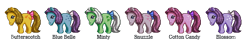 Size: 554x90 | Tagged: safe, artist:seajelli, imported from derpibooru, blossom, blue belle, butterscotch (g1), cotton candy (g1), minty (g1), snuzzle, g1, original six, pixel art, simple background, transparent background