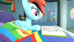 Size: 1920x1080 | Tagged: safe, artist:maksimusdel, imported from derpibooru, rainbow dash, pegasus, pony, 3d, book, female, mare, multicolored tail, reading, sitting, solo, source filmmaker, wonderbolts poster