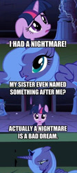 Size: 317x707 | Tagged: safe, edit, edited screencap, imported from derpibooru, screencap, princess luna, twilight sparkle, alicorn, pony, unicorn, friendship is magic, castle of the royal pony sisters, frown, humor, image macro, jewelry, meme, open mouth, regalia, s1 luna, sad, text