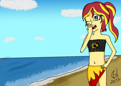 Size: 3508x2480 | Tagged: safe, artist:goldhajik, imported from derpibooru, sunset shimmer, equestria girls, beach, belly button, clothes, equestria girls minis, female, sarong, solo, summer sunset, swimsuit, wrap skirt