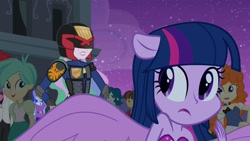 Size: 1200x675 | Tagged: safe, artist:pixelkitties, edit, edited screencap, imported from derpibooru, screencap, captain planet, golden hazel, nolan north, princess celestia, princess luna, tennis match, twilight sparkle, wiz kid, phoenix, equestria girls, equestria girls (movie), armor, badge, canterlot high, clothes, female, helmet, i am the law, inverted mouth, judge dredd, judge dreddlestia, male, parody, ponied up, pony ears, principal celestia, symbol, vice principal luna, we couldn't fit it all in, welcome princess celest, wings