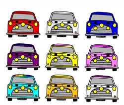 Size: 1596x1344 | Tagged: safe, artist:samueljcollins1990, imported from derpibooru, applejack, fluttershy, pinkie pie, rainbow dash, rarity, twilight sparkle, car, classic mini, mini cooper, no pony, simple background, the italian job, white background