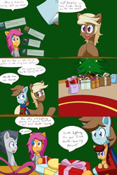 Size: 1600x2400 | Tagged: safe, artist:jake heritagu, imported from derpibooru, chip mint, rain catcher, rumble, scootaloo, oc, oc:lightning blitz, oc:sandy hooves, earth pony, pegasus, pony, comic:ask motherly scootaloo, ask, baby, baby pony, christmas, christmas sweater, christmas tree, clothes, colt, comic, father and son, female, hairpin, holding a pony, holiday, male, mare, motherly scootaloo, offspring, older, older rumble, older scootaloo, parent:rain catcher, parent:scootaloo, parents:catcherloo, present, scarf, starry eyes, sweater, sweatshirt, tree, tumblr, wingding eyes
