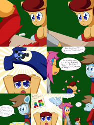 Size: 2400x3200 | Tagged: safe, artist:jake heritagu, imported from derpibooru, chip mint, nightmare moon, rain catcher, scootaloo, oc, oc:lightning blitz, pegasus, pony, comic:ask motherly scootaloo, baby, baby pony, building blocks, christmas sweater, clothes, colt, comic, father and son, female, footed sleeper, hairpin, heart, item get, male, mother and son, motherly scootaloo, offspring, older, older scootaloo, pajamas, parent:rain catcher, parent:scootaloo, parents:catcherloo, present, scarf, shirt, sweater, sweatshirt, the legend of zelda, toy train