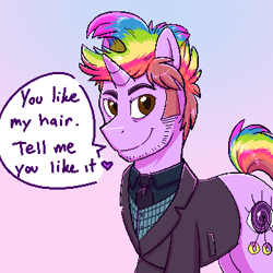 Size: 360x360 | Tagged: safe, artist:deyogee, imported from derpibooru, pony, clothes, crossover, dialogue, facial hair, jessica jones, kilgrave, looking at you, ponified, rainbow hair, solo