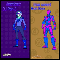 Size: 600x600 | Tagged: safe, imported from derpibooru, bon bon, dj pon-3, sweetie drops, vinyl scratch, human, guardians of the galaxy, humanized, inspired, iron man, marvel