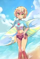 Size: 567x839 | Tagged: safe, artist:sibashen, imported from derpibooru, applejack, equestria girls, equestria girls series, beach, beach adventures, clothes, cloud, cute, equestria girls minis, female, jackabetes, ocean, shorts, sky, solo, surfboard, surfing