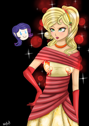 Size: 1024x1453 | Tagged: safe, artist:mdeltar, imported from derpibooru, applejack, rarity, human, alternate hairstyle, and then there's rarity, applejack also dresses in style, applejack is not amused, blushing, chibi, clothes, dress, elf ears, evening gloves, fancy, feminization, flower, gloves, happy, humanized, lipstick, long gloves, makeup, rose, sparkles, unamused