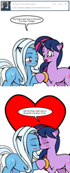 Size: 488x1197 | Tagged: safe, artist:dekomaru, imported from derpibooru, trixie, twilight sparkle, tumblr:ask twixie, ask, female, heart, kissing, lesbian, shipping, tumblr, twixie