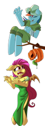 Size: 900x2500 | Tagged: safe, artist:passigcamel, imported from derpibooru, fluttershy, rainbow dash, anthro, bat pony, unguligrade anthro, anatomically incorrect, clothes, costume, dress, eyes closed, female, flutterbat, halloween, hat, holiday, incorrect leg anatomy, jack-o-lantern, laughing, mare, open mouth, pumpkin, race swap, scared, simple background, smiling, transparent background