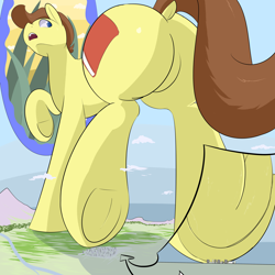 Size: 4000x4000 | Tagged: safe, artist:mrrowboat, imported from derpibooru, oc, oc only, oc:tomson, earth pony, pony, absurd resolution, city, dock, extra thicc, giant pony, giant/macro earth pony, grass, huge, looking back, macro, male, massive, open mouth, plot, rear view, river, solo, stallion, underhoof